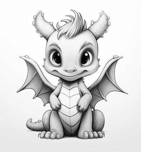 Cute cartoon dragon, black and white style, captivating