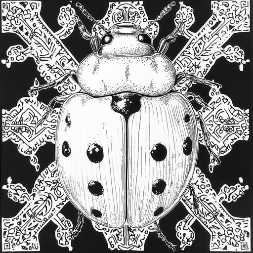 Ladybug on geometric background, Raqib Shaw style
