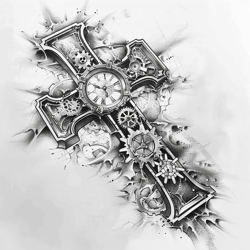 Strength cross tattoo with clock and gears