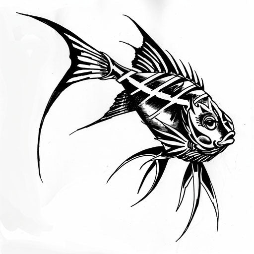 Drawing of a tribal fish tattoo design, bold black lines and geometric patterns on white background