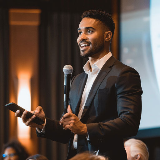 Businessman delivering motivational speech at prestigious event
