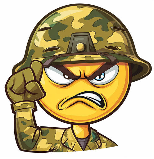 Soldier emoticon saluting angrily, yellow smiley face