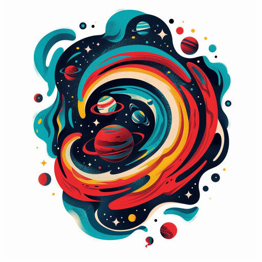 Spiral of planets in orbit, vibrant colors, clipart style