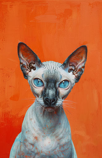 Sphynx cat on orange background, light beige and dark azure style