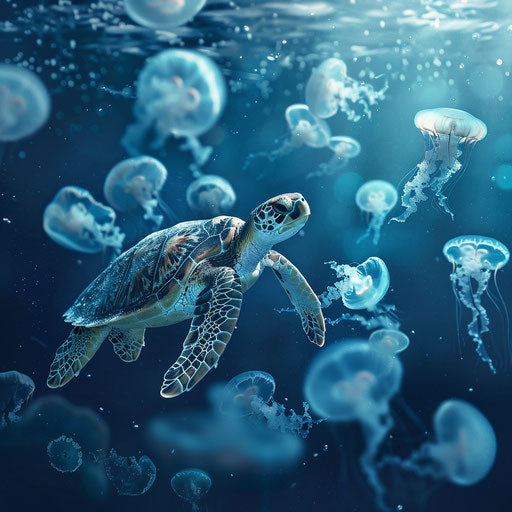 A sea turtle swims among jellyfish in the deep ocean
