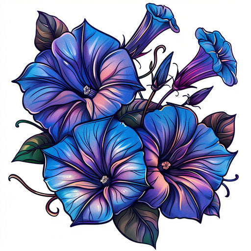 Vibrant flat tattoo sketch of morning glory flowers with rich blue and purple hues