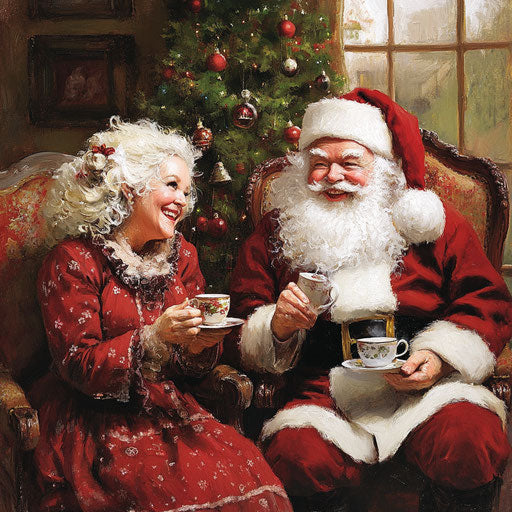 Mrs. Claus and Santa share a moment over a cup of tea