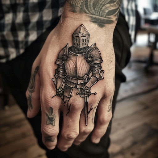 Small hand tattoos of a knight, in the style of Glenn Fabry