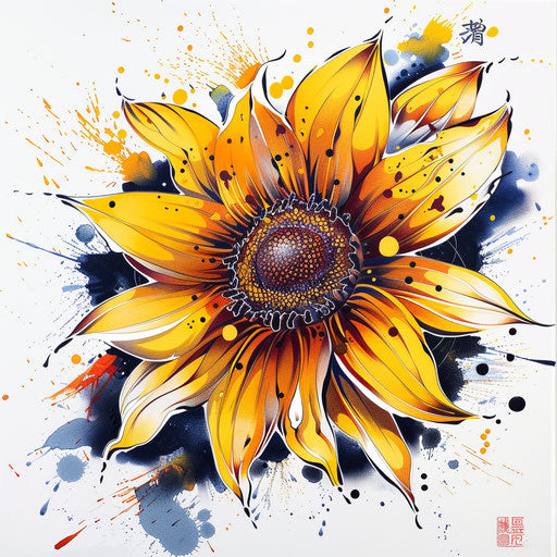 Graphic of a vibrant Japanese sunflower tattoo