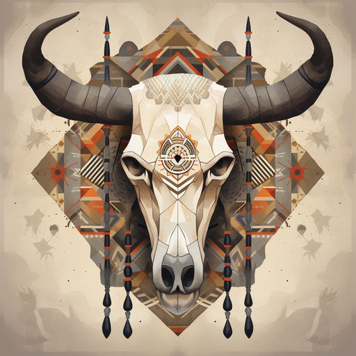 Bull skull on geometric background, folk-inspired motifs