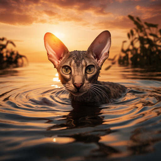 Oriental shorthair cat swimming in a lake by the shore