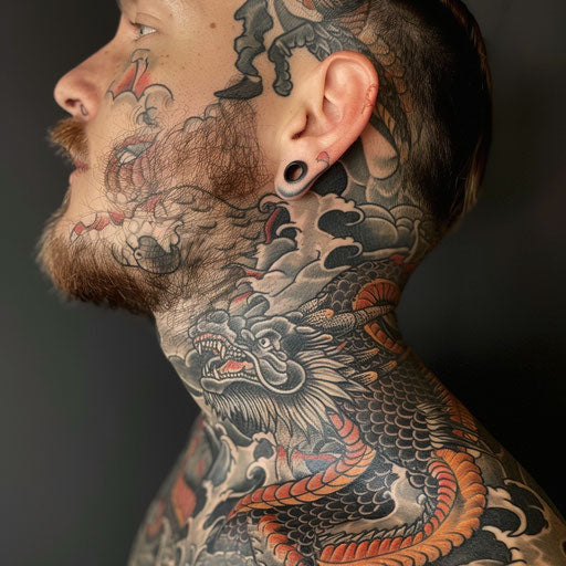 Side neck tattoos with a dragon, in the style of Guy Aitchison