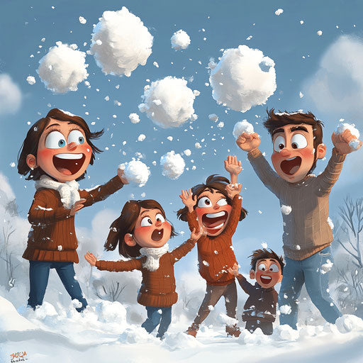 Cartoon family in snowball fight with exaggerated expressions