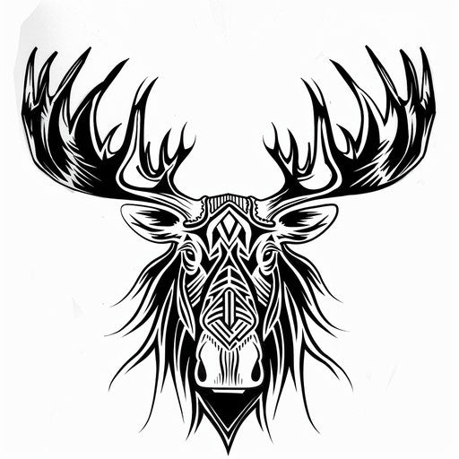 Stylized sketch of a moose head with tribal markings