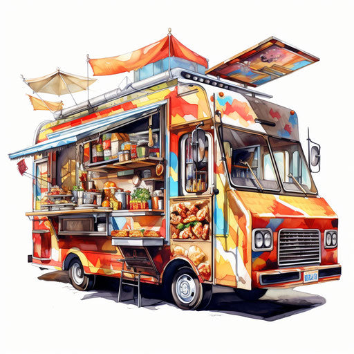 Food truck clip art in oil painting style, on white background