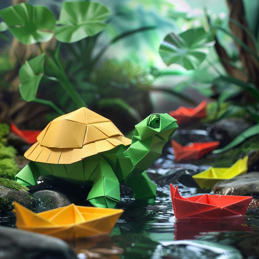 An origami paper turtle next to a stream with paper boats