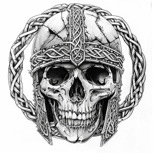 Skull in medieval helmet with Celtic knotwork tattoo