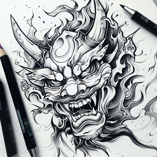 Stylized sketch of a Japanese demon tattoo