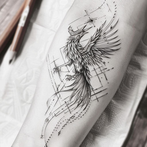 Artistic geometric tattoo of a phoenix rising