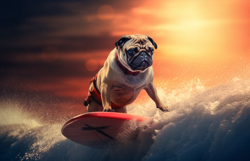 Pug dog surfing on a surfboard