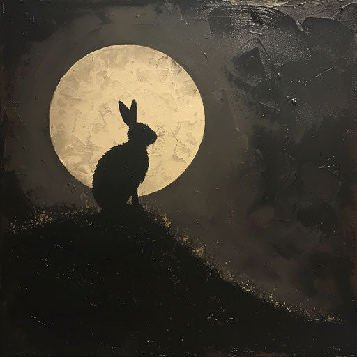 Rabbit silhouette against full moon on quiet hillside