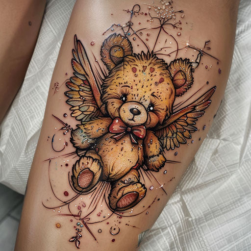 Whimsical teddy bear with wings and magic wands