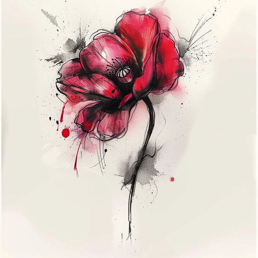 Sketch of a single delicate poppy tattoo with watercolor effects on white canvas
