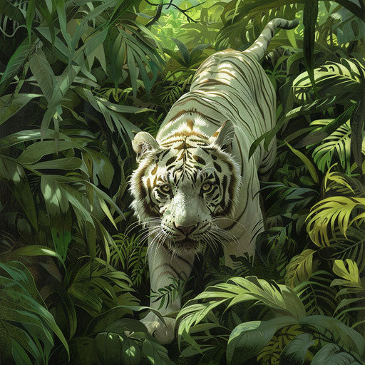 White tiger stealthily in lush green rainforest