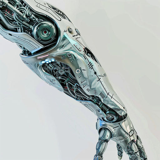 Futuristic robotic arm tattoo design with integrated circuits and LEDs on white background