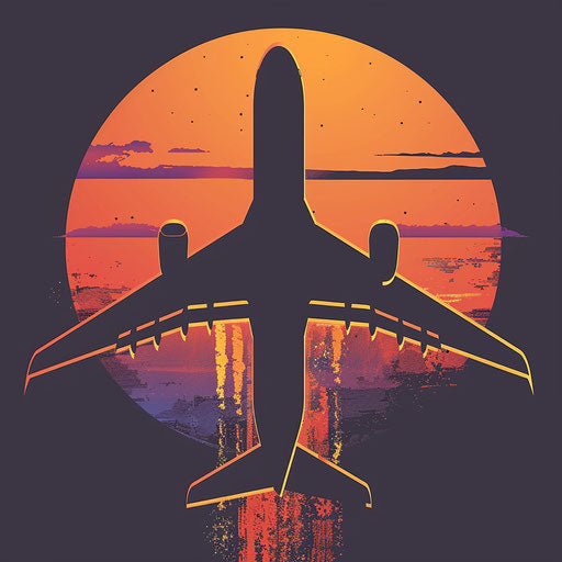 Airplane silhouette at sunset, orange and purple, clipart design