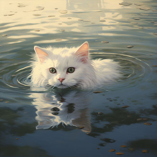 White cat swimming in a lake by the shore