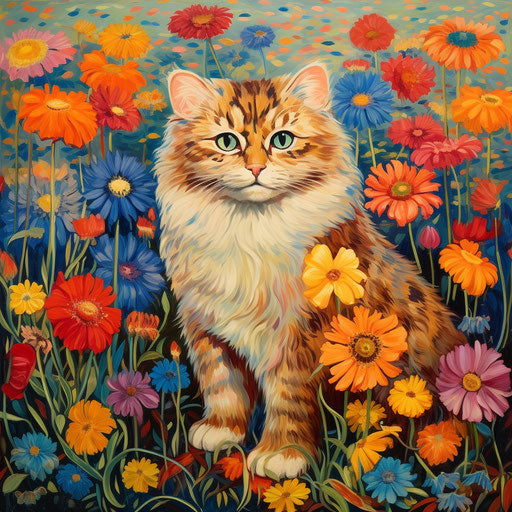 Louis Wain's cat in a field of flowers