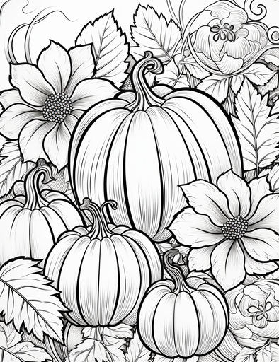 Pumpkins and flowers coloring page for adults