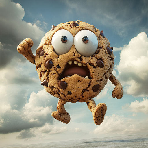 Humorous caricature of a chocolate chip cookie with human characteristics, exaggerated big eyes, toes feet, cloudy sky, vibrant colors, cartoon style, pointing, high-resolution, no background, isolated