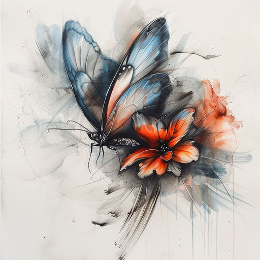 Surreal butterfly emerging from abstract flower, dreamy tattoo design on white backdrop