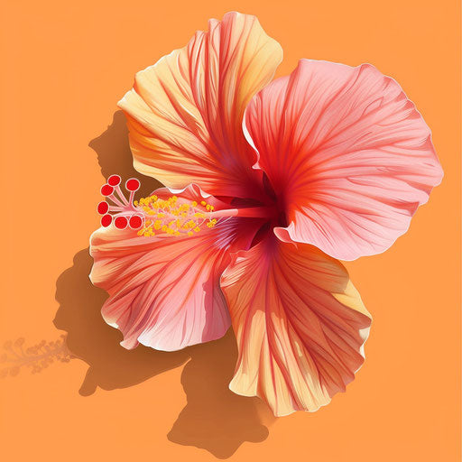 Realistic hibiscus flower on flat sunset orange background