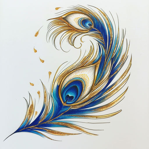 Elegant peacock feather tattoo sketch incorporating gold foil elements for a luxurious feel
