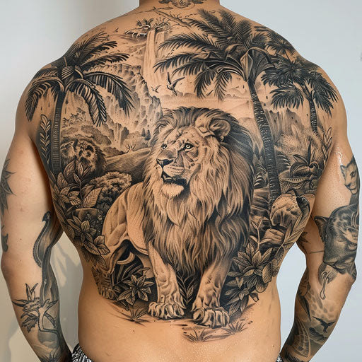 Lion back tattoo in Palumbo style jungle