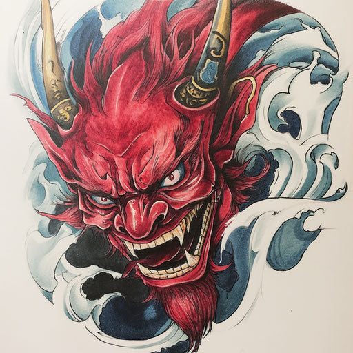 Colorful Japanese demon tattoo on white canvas