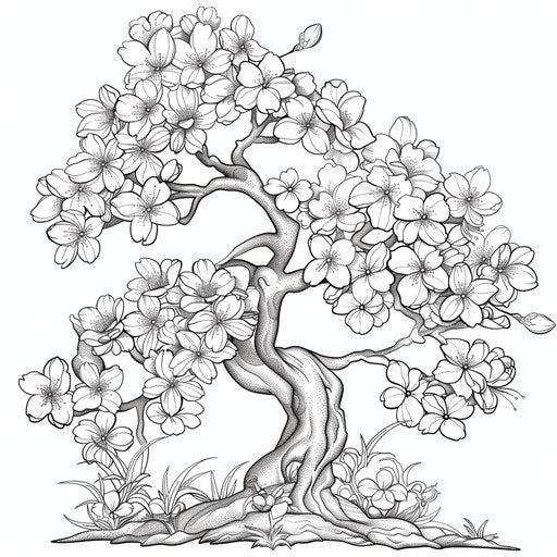 Japanese cherry blossom tree in full bloom. Coloring book page