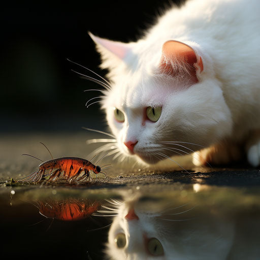 White cat staring at an insect