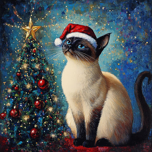 Majestic Siamese cat with Santa hat next to a sparkling tree