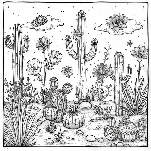 Intricate floral desert with whimsical cacti - Coloring page