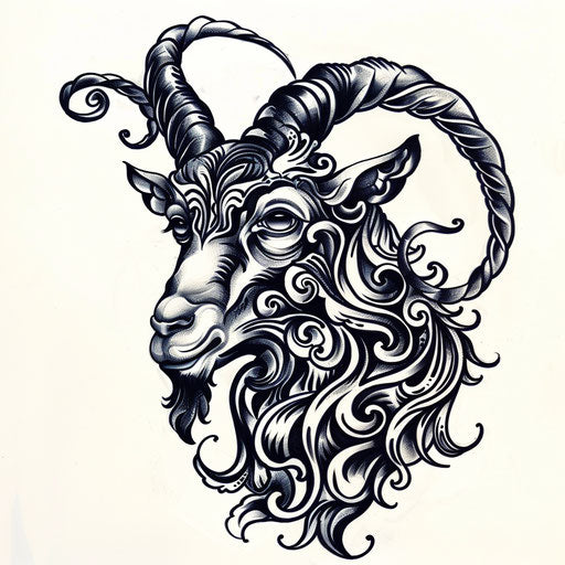 Blackwork goat tattoo design with creative patterns