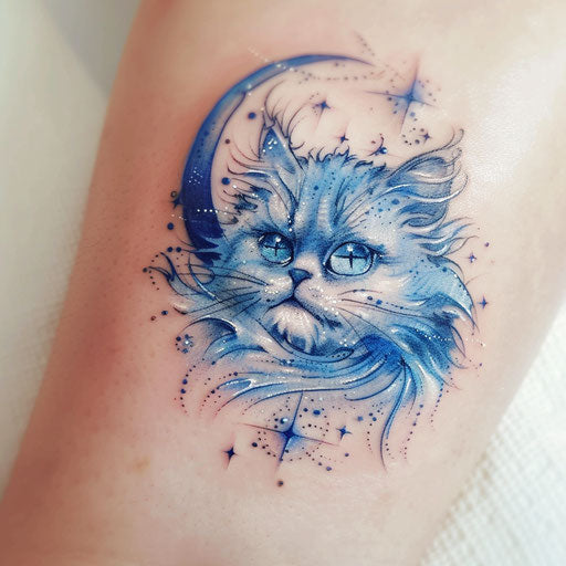 A creative tattoo sketch of a cat intertwined with a crescent moon, in dark blue tones