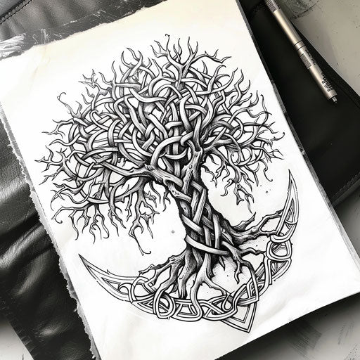 Intricately detailed Celtic tree of life tattoo design on paper