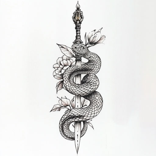 Illustration of inner thigh tattoo with snake and dagger
