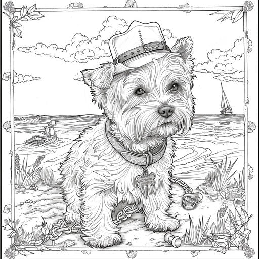 Dog on a treasure hunt, in the style of Megan Hess, Coloring book page