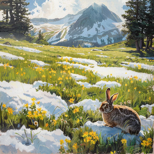 White rabbit basking in the morning sun on high altitude meadow with patches of snow