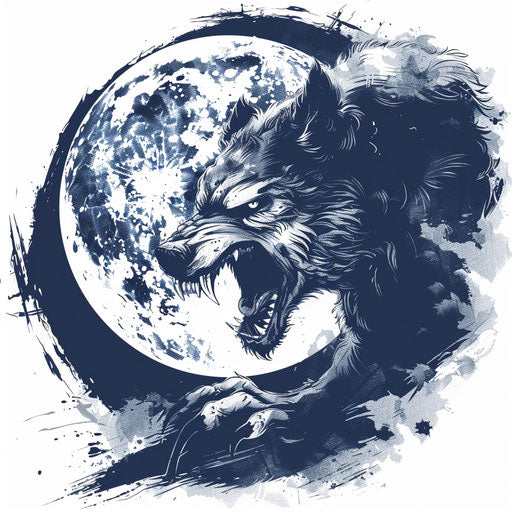 Dramatic flat tattoo sketch of a werewolf under a full moon